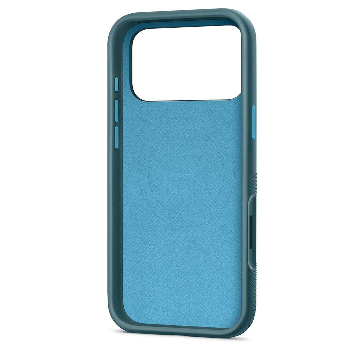 Een teal telefoonhoesje. Het heeft een donker teal frame en een lichtere teal binnenkant met een cirkelvormig ontwerp in het midden. Uitsparingen zijn zichtbaar.