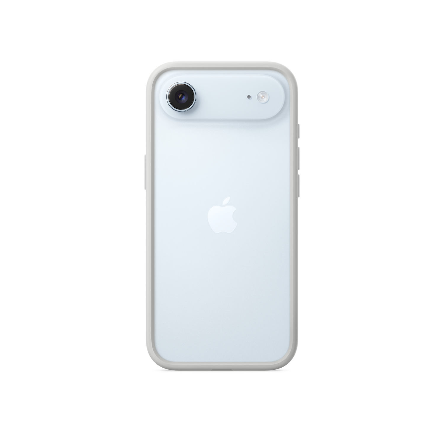 Achteraanzicht van een lichtblauwe iPhone met een witte rand. Het heeft een camera, flitser en Apple-logo. De achtergrond is wit.
