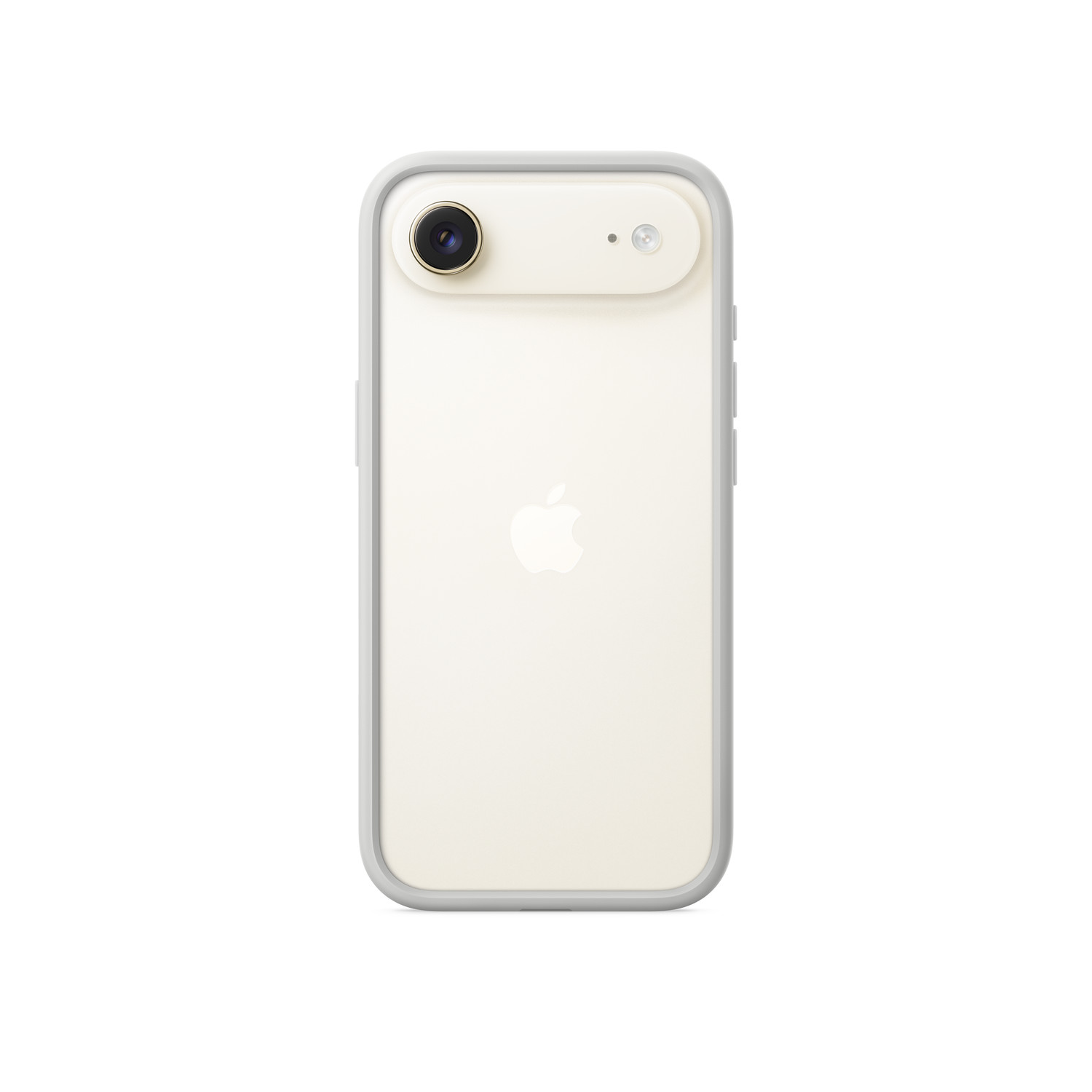 Een crèmekleurige iPhone met een transparante hoes. Het heeft een cameralens en flitser aan de bovenkant.