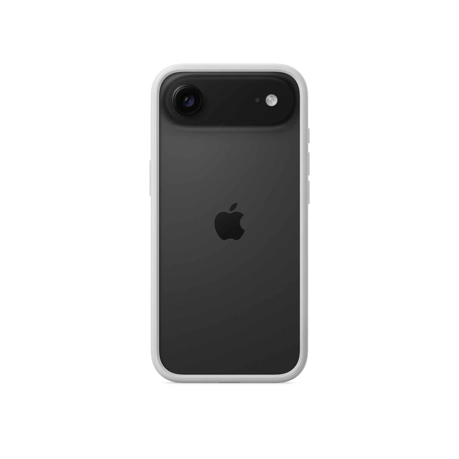 Achteraanzicht van een smartphone. Het heeft een zwarte achterkant met een witte rand. Er is een Apple-logo en een cameramodule bovenaan.