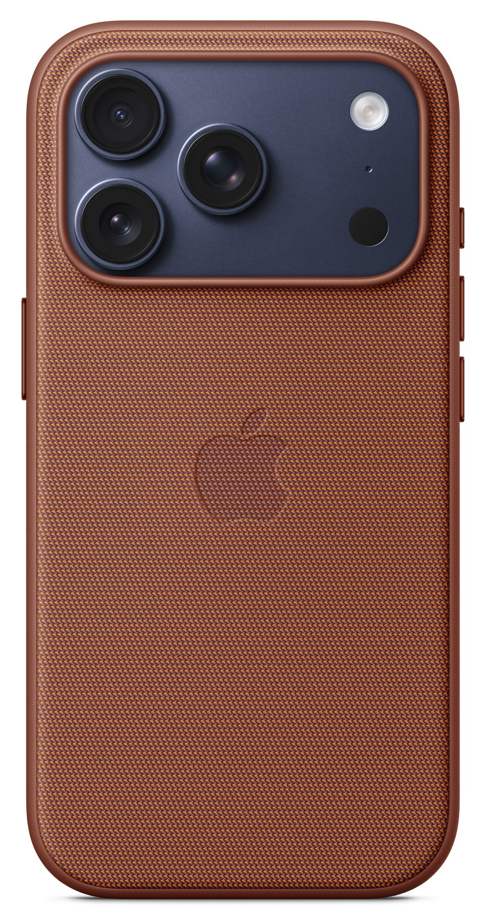 Brązowe etui na iPhone'a z teksturowanym tyłem, niebieskim obszarem aparatu i logo Apple. Widoczne trzy obiektywy i lampa błyskowa.
