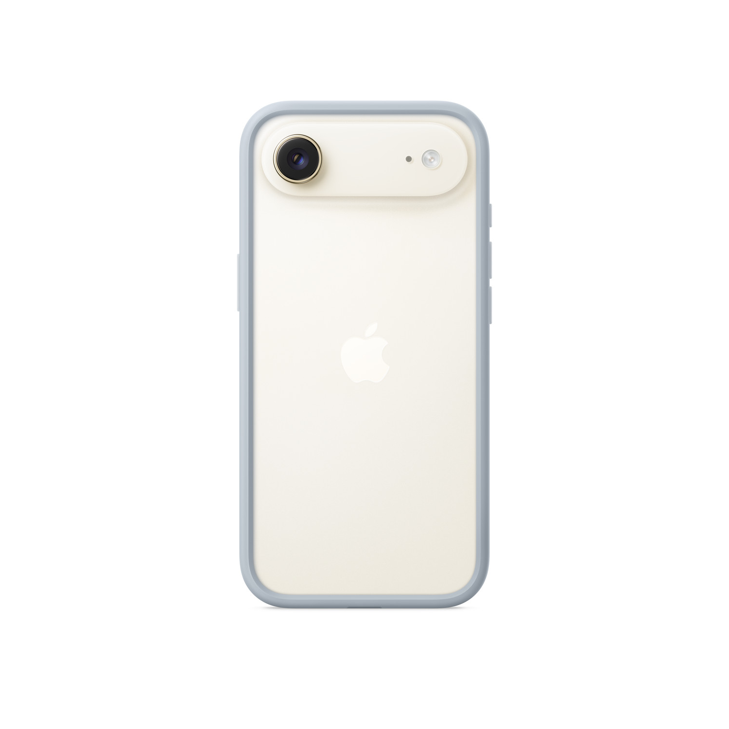 Un iPhone blanc avec un étui bleu clair. L'arrière du téléphone a une caméra et le logo Apple. Il est isolé sur fond blanc.