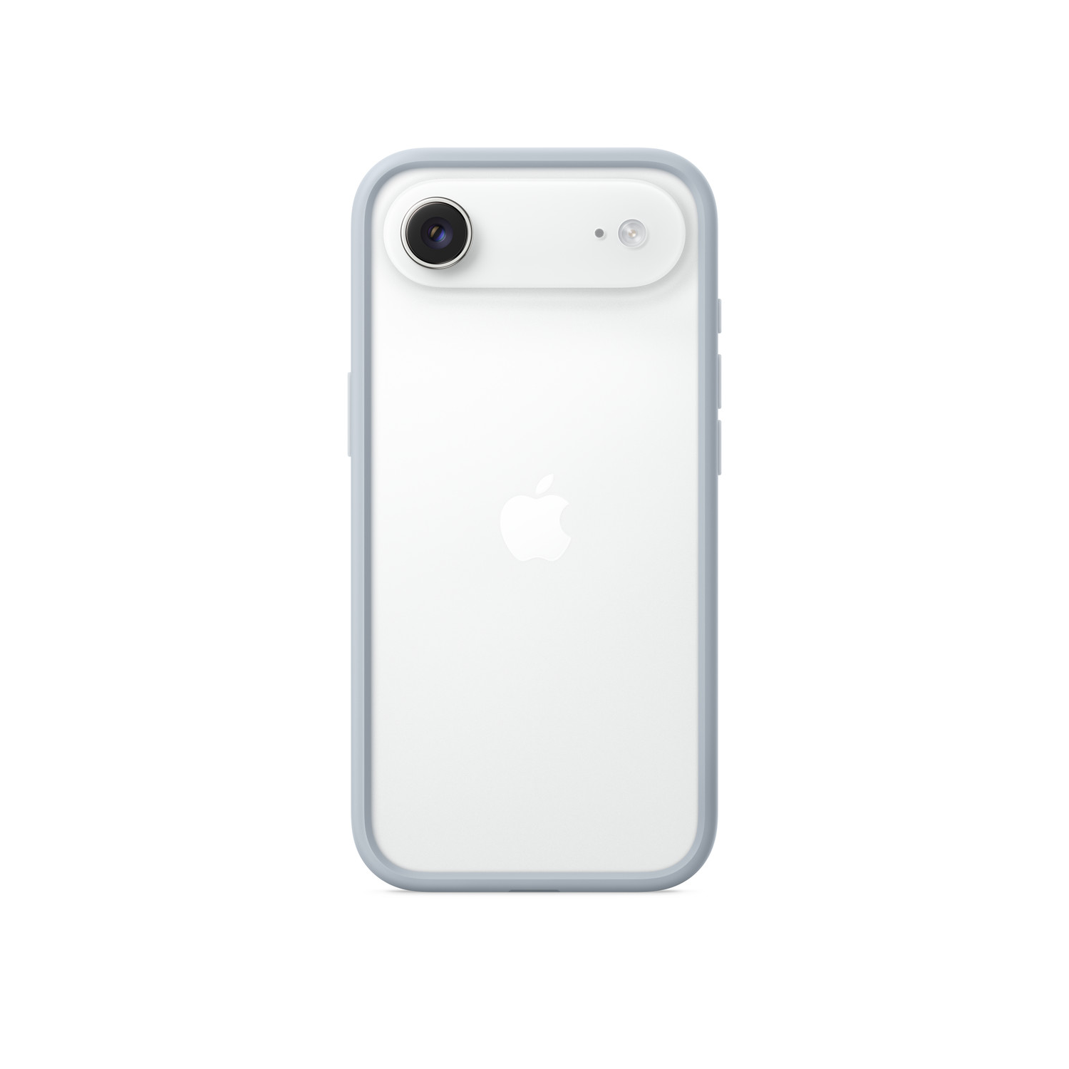 iPhone blanc avec un étui transparent à bord bleu. Comprend une caméra, un flash et le logo Apple. Sur fond blanc.