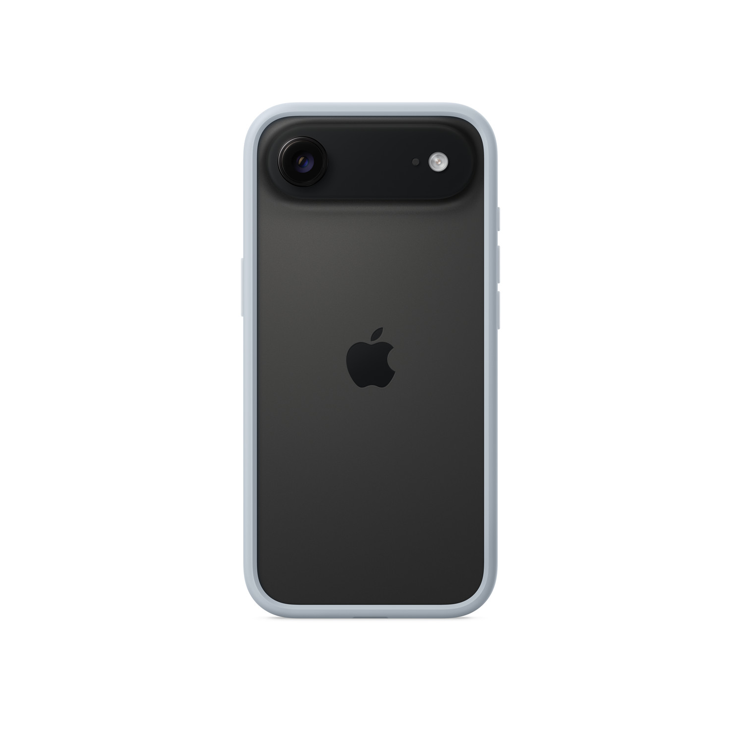 Un iPhone noir avec une caméra et un flash, le dos est noir avec un logo Apple. Le téléphone est dans un étui bleu clair.