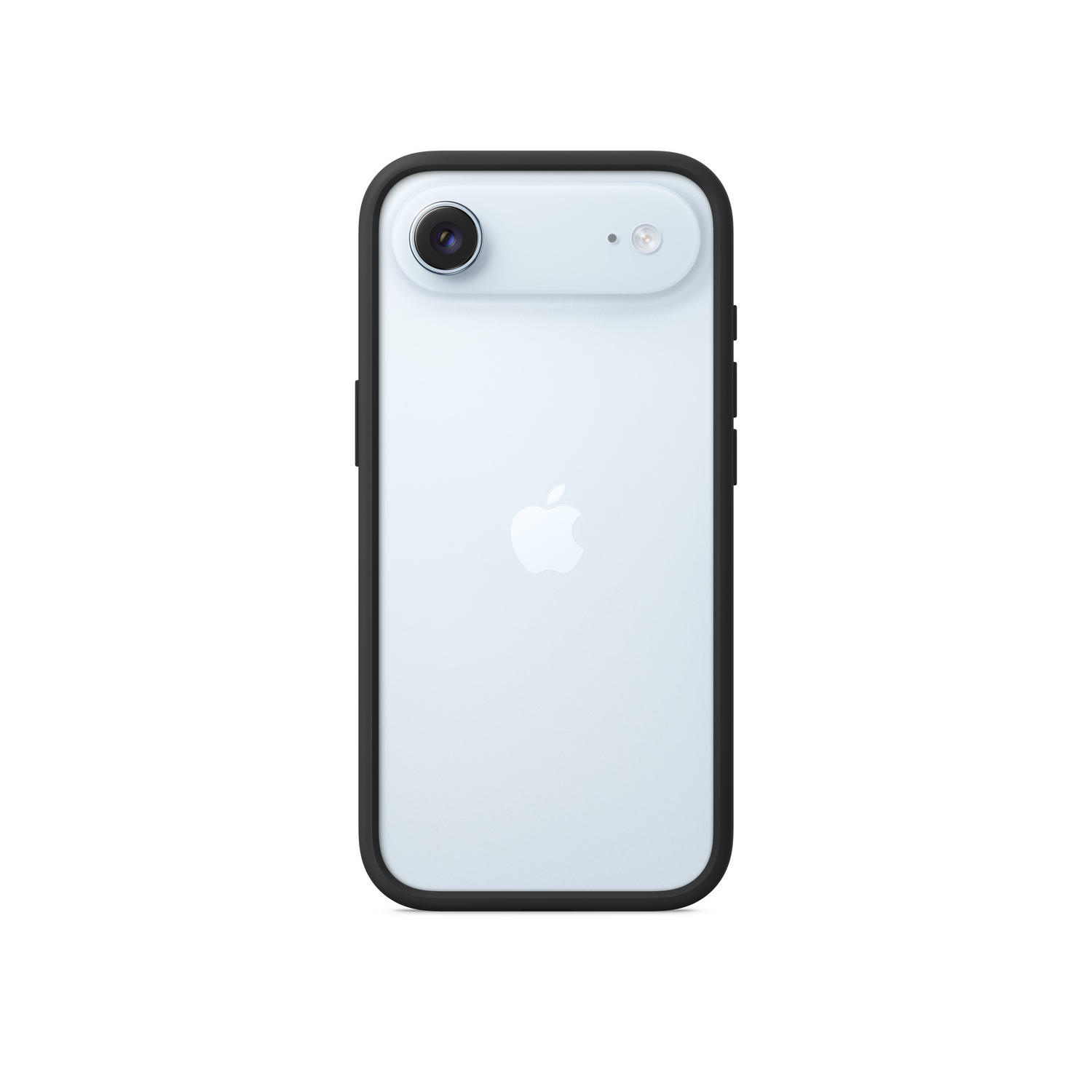 A light blue iPhone back with black frame. It has two camera lenses and the Apple logo. The background is white.