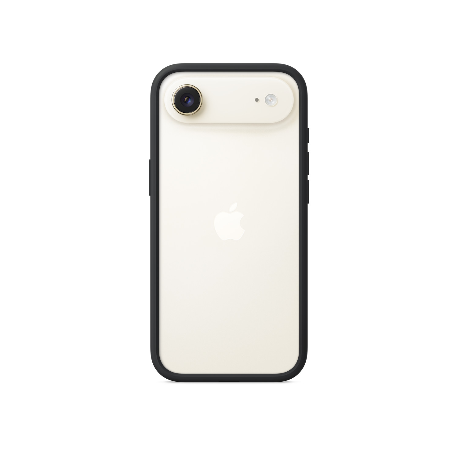 Back of a cream-colored iPhone in a black case, with camera, flash, and Apple logo. Phone against a white background.