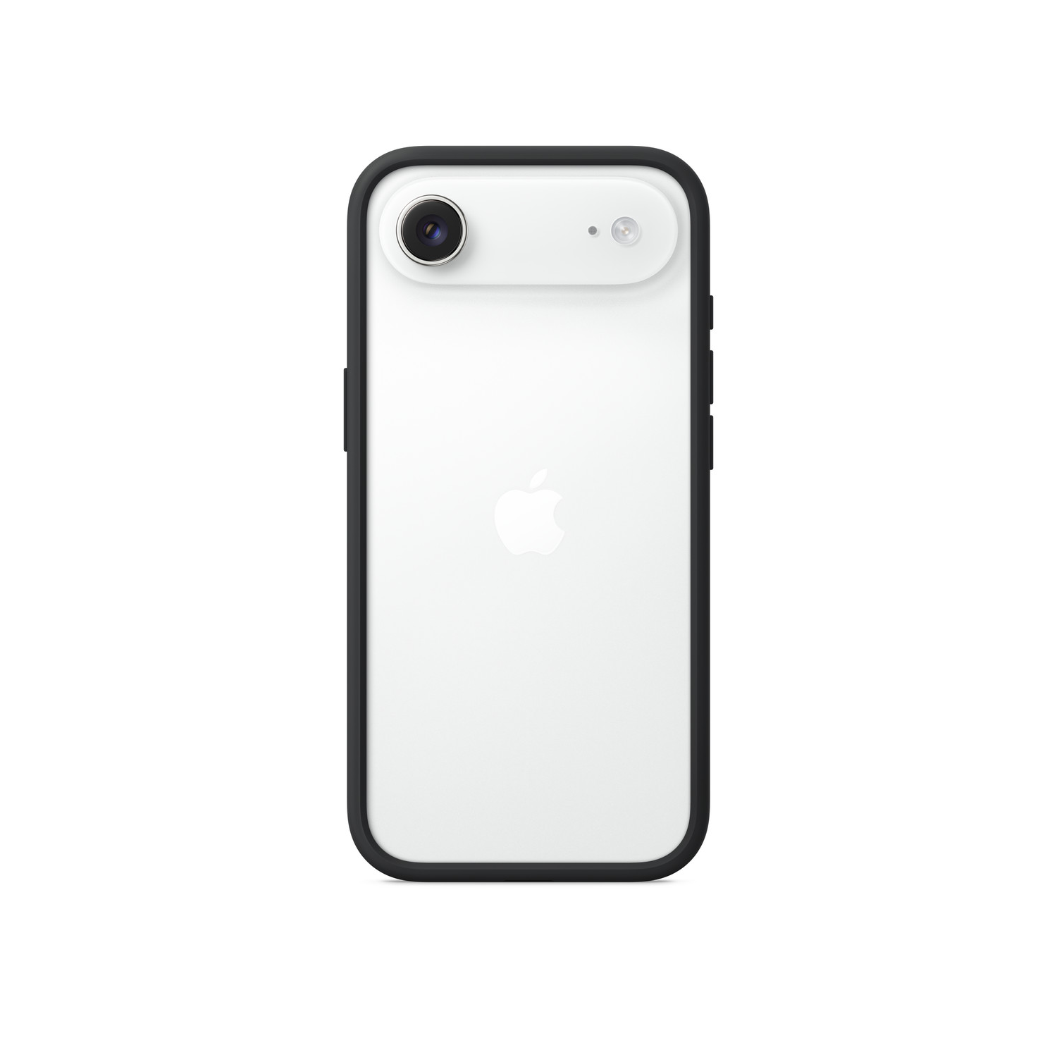 White iPhone back with black frame. Features camera and Apple logo. The phone is on a white background.