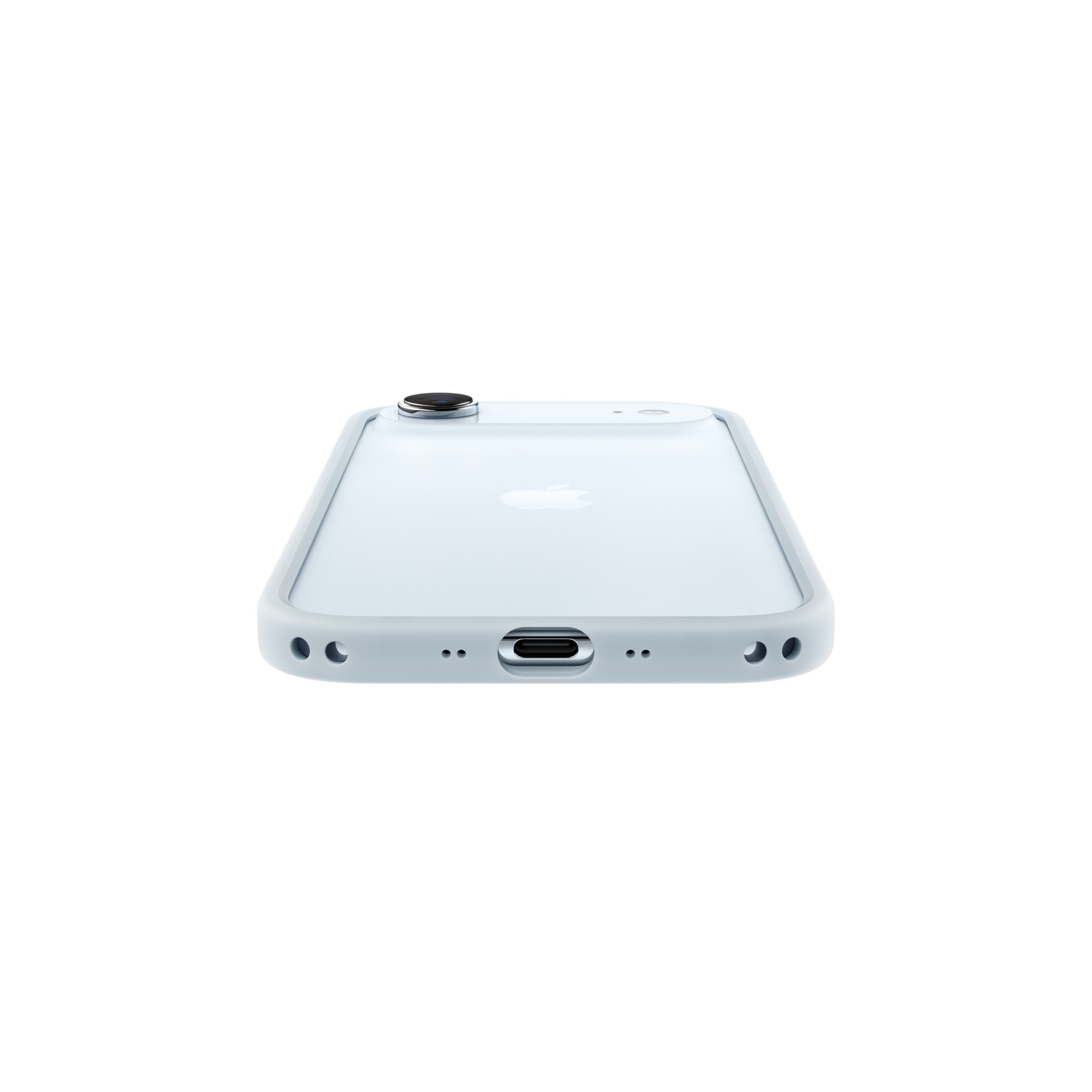An Apple iPhone in a light blue case, lying flat. The camera and charging port are visible. The Apple logo is on the back.