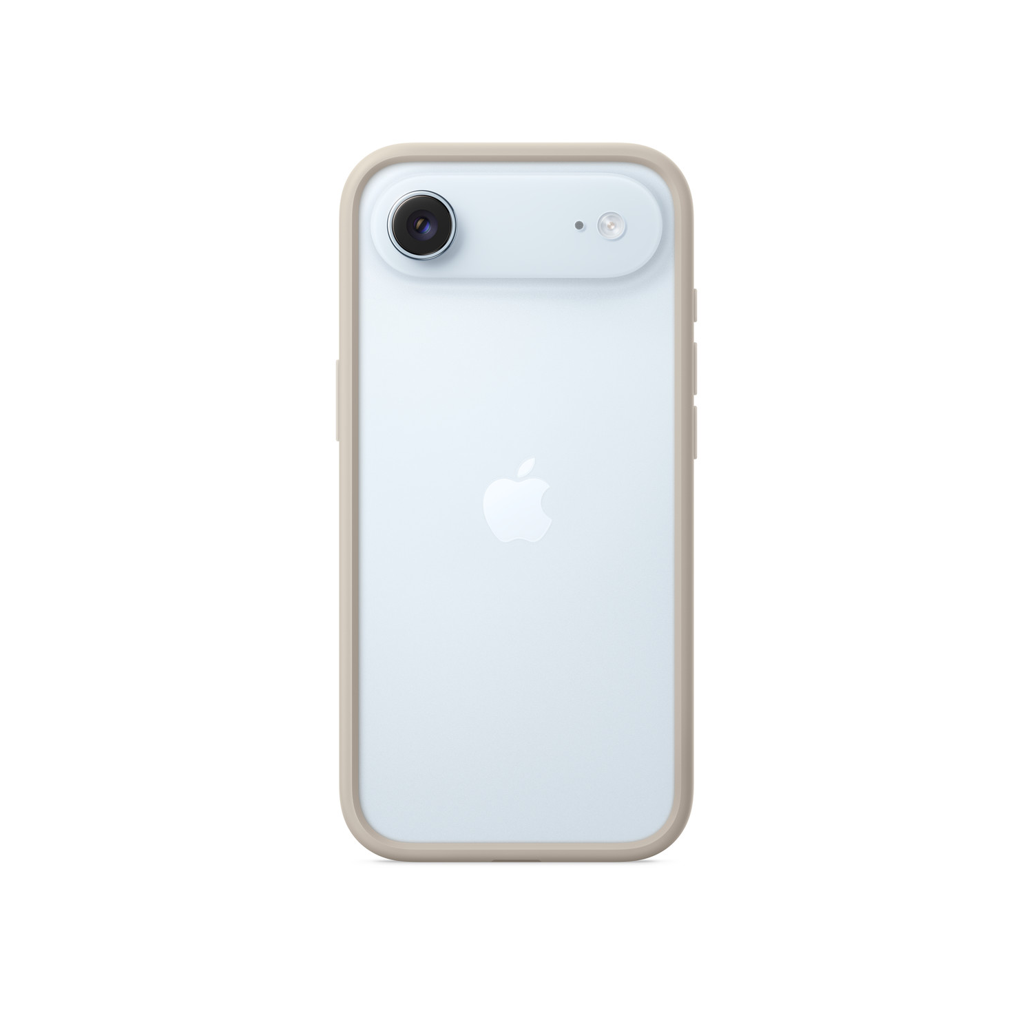 Un iPhone bleu clair avec caméra et flash, encadré d'un pare-chocs beige, sur fond blanc.