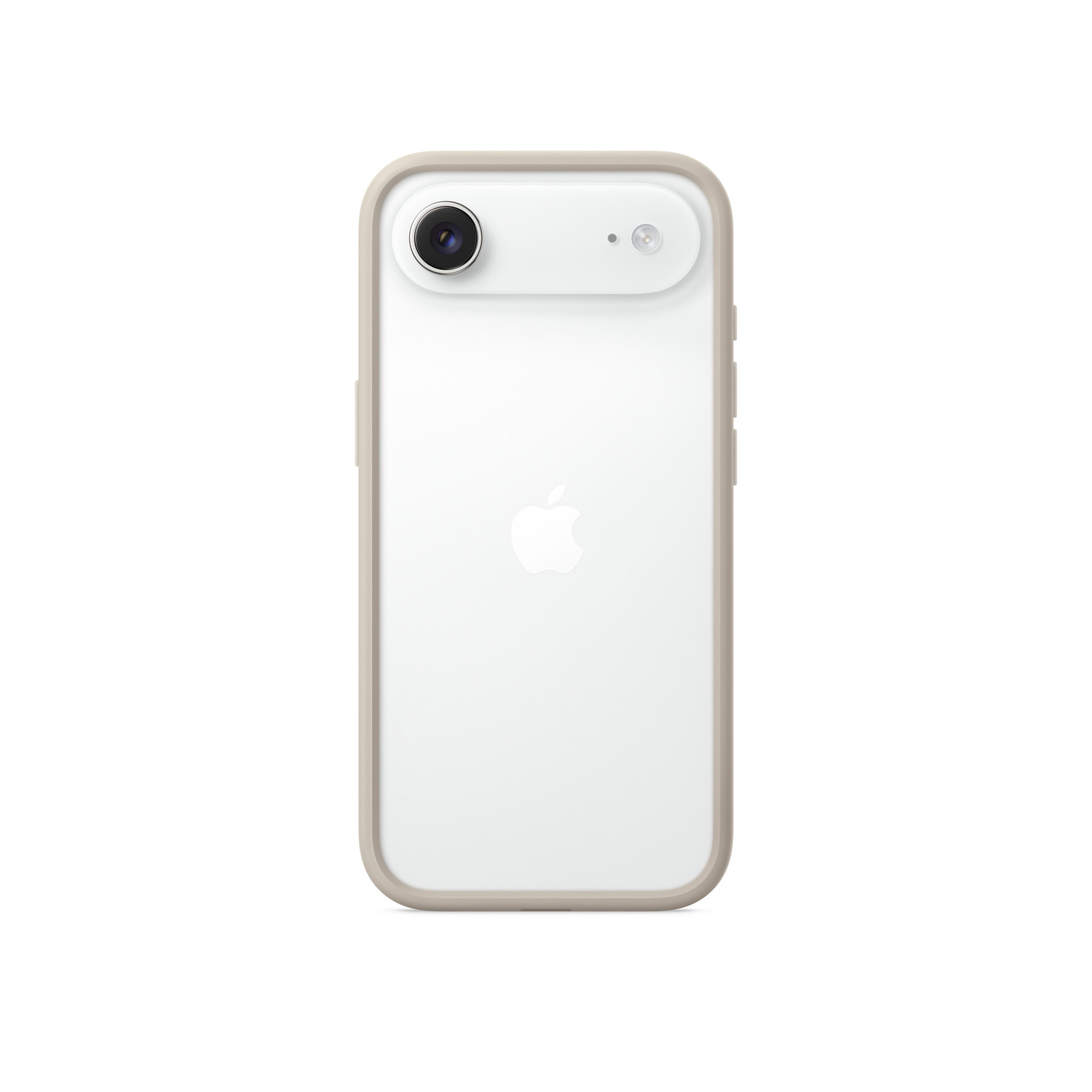 Un iPhone blanc avec une coque de protection. Le téléphone a une caméra et un flash. Un logo Apple est visible au dos.