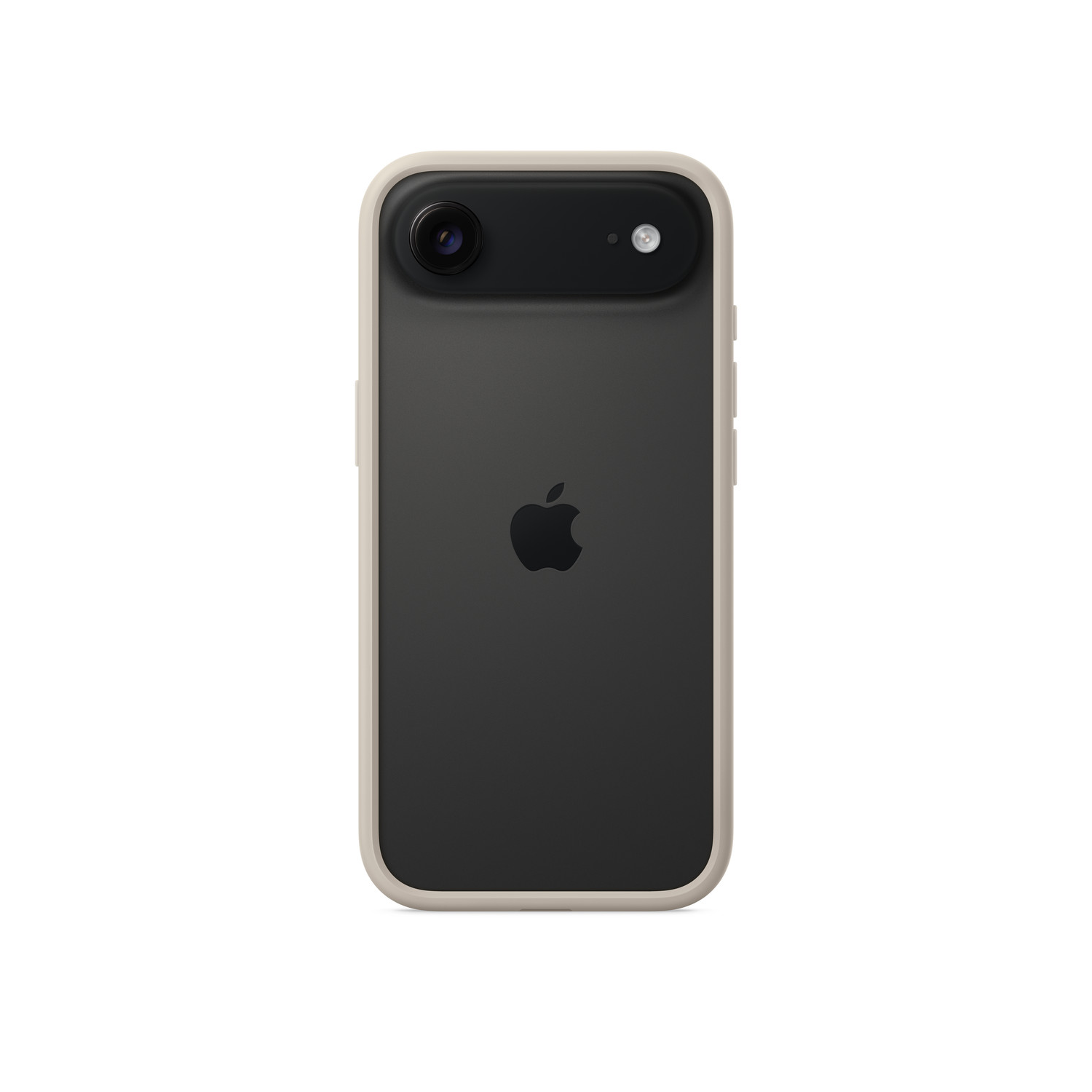 L'arrière d'un téléphone. Noir et gris avec un logo Apple. Le haut a un carré noir avec un objectif d'appareil photo et un flash. Cadre crème.