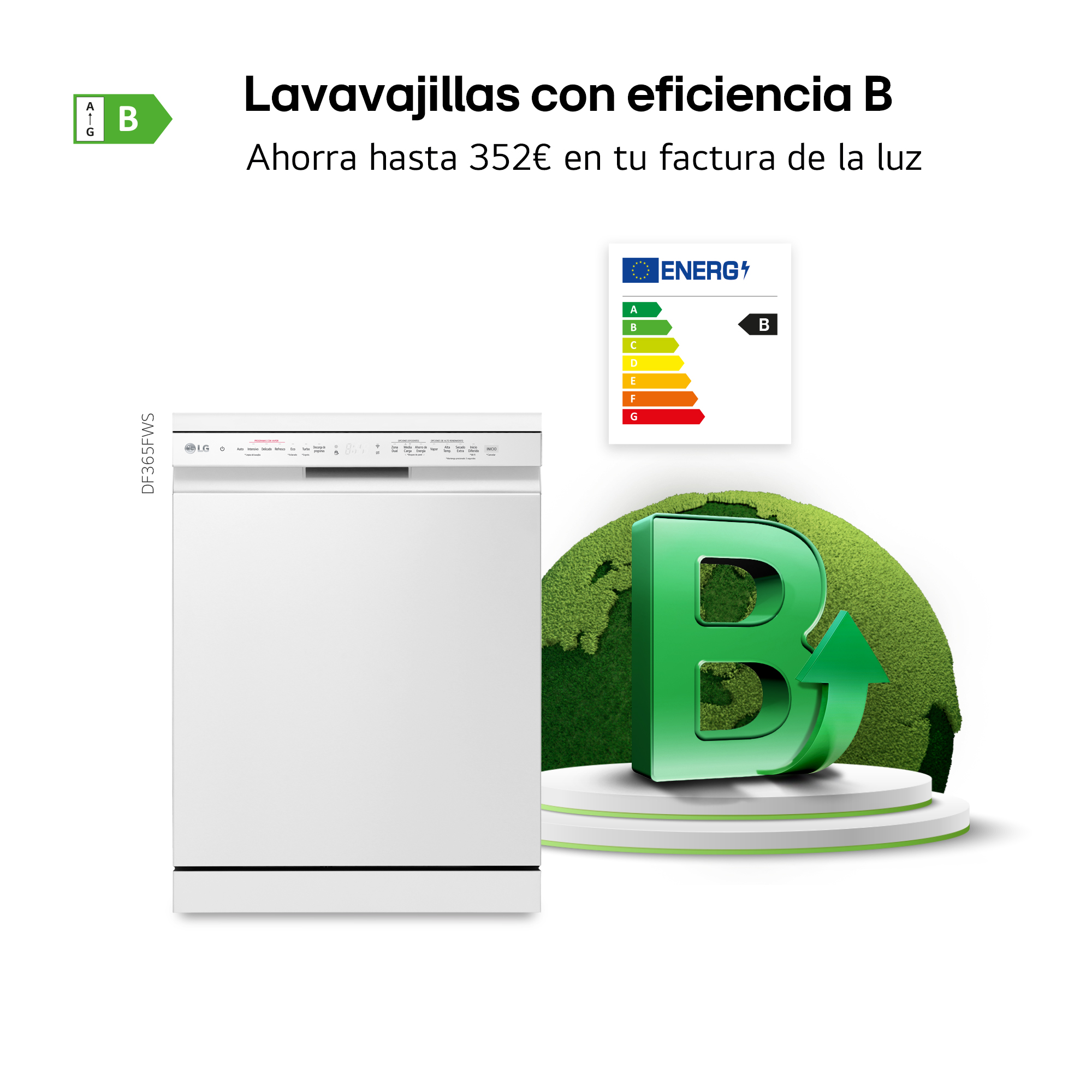 Lavavajillas con eficiencia B. Ahorra hasta 352€ en tu factura de la luz. Lavavajillas blanco con icono de etiqueta energética B y globo verde.