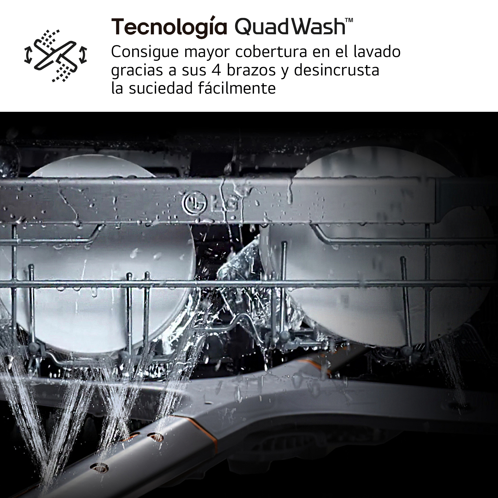 Un lavavajillas en acción. Chorro de agua limpia platos. Se muestra la tecnología QuadWash. El logotipo de LG es visible.