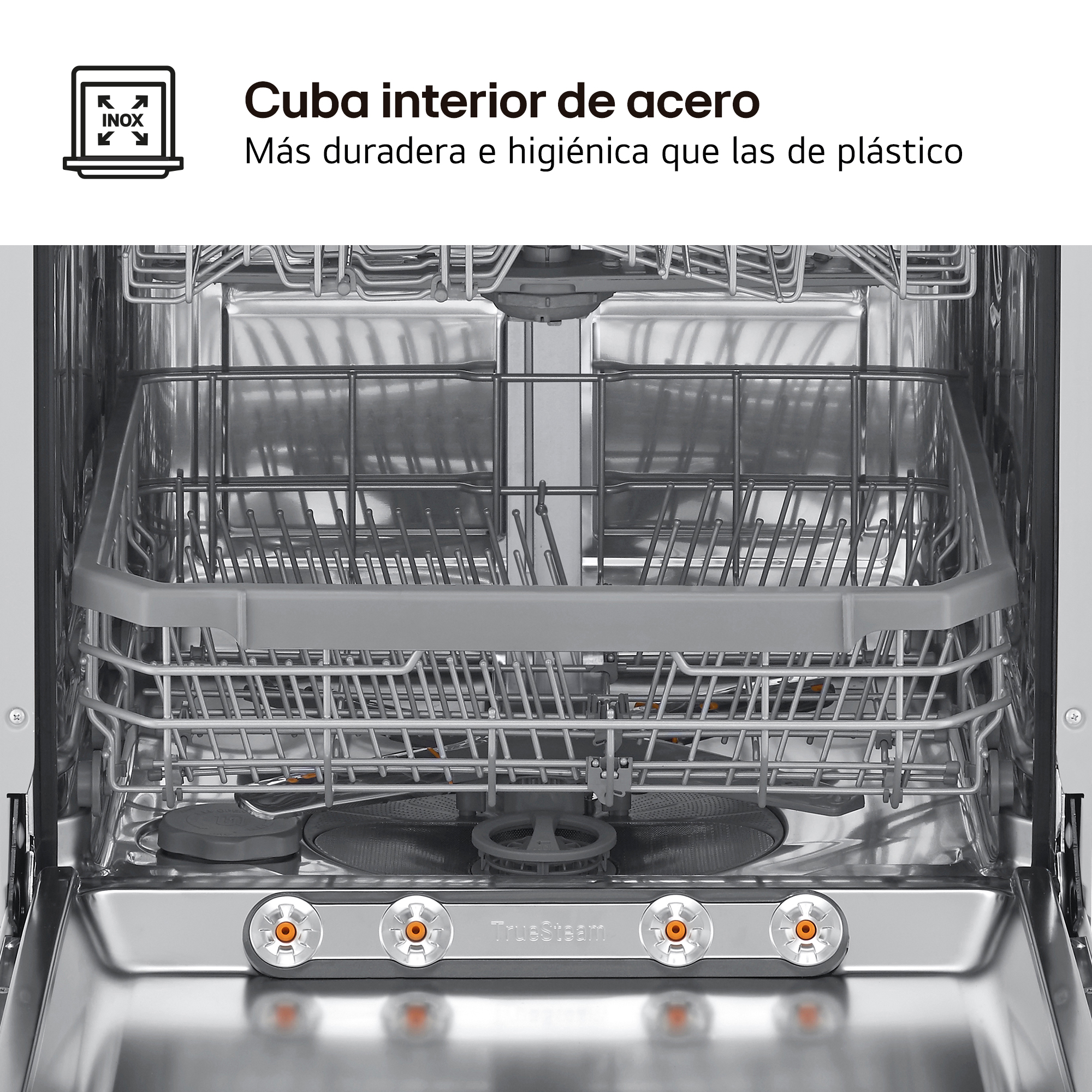 Cuba interior de acero. Más duradera e higiénica que las de plástico. Vista frontal del interior inoxidable del lavavajillas..