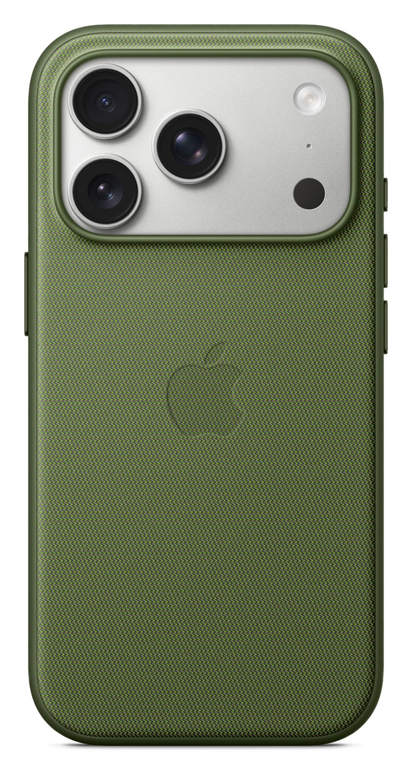 Zielone etui na telefon z trzema obiektywami, lampą błyskową i logo Apple.