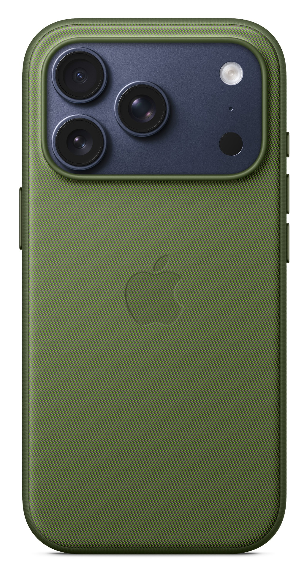 Zielone etui na telefon z trzema obiektywami aparatu i lampą błyskową. Etui ma logo Apple. Ciemnoniebieski obszar aparatu.