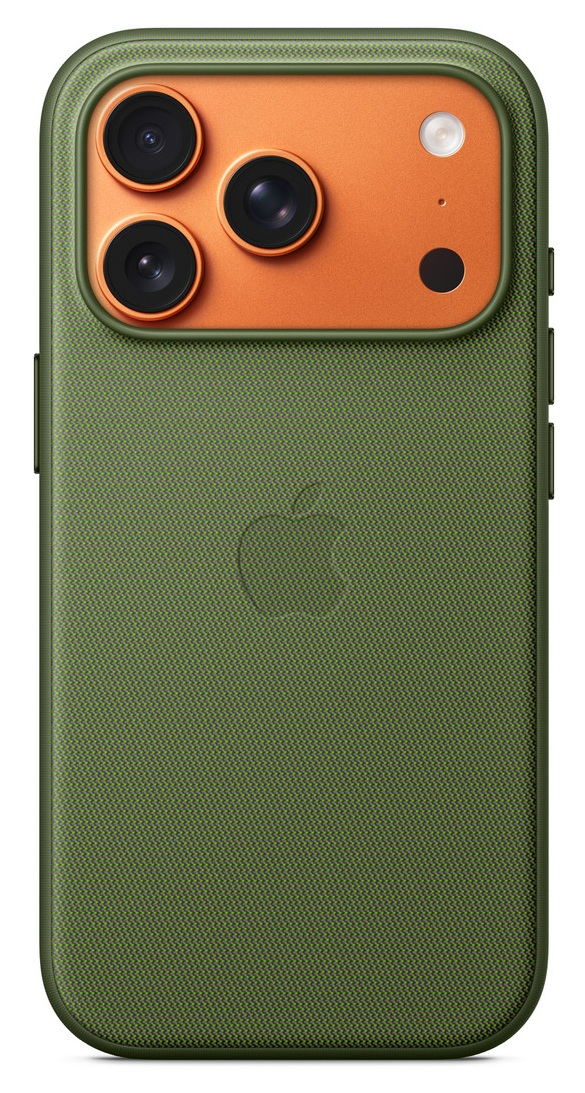 Zielone etui na telefon z pomarańczowym obszarem kamery. Zawiera trzy obiektywy, lampę błyskową i logo Apple.