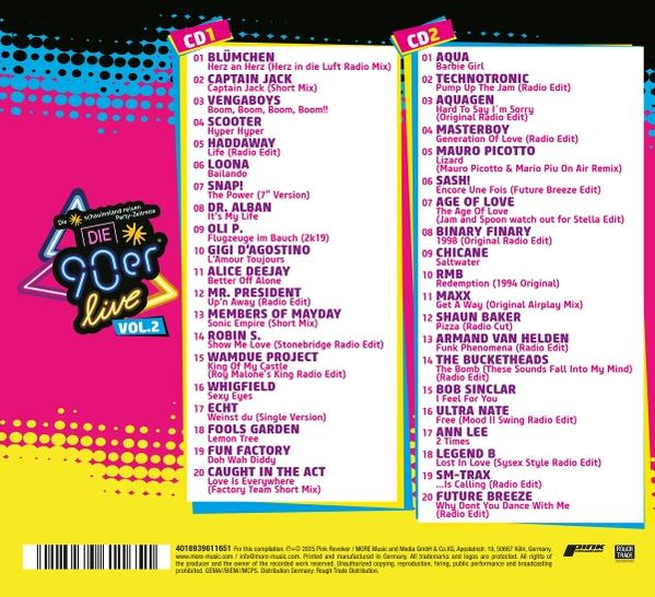 Albumcover für Die 90er Live Vol. 2, mit einer Titelliste von 90er-Jahre-Dance-Hits.