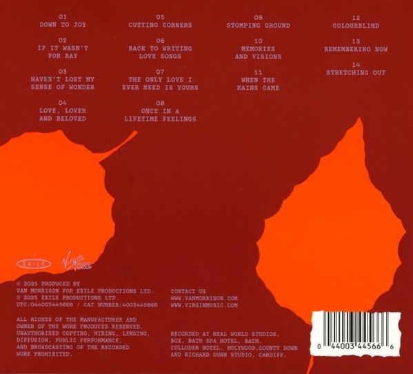 Albumcover mit Songtiteln in weißer Schrift auf rotem und orangefarbenem Hintergrund. Enthält Künstler- und Produktionsdetails.