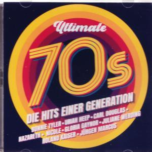 CD-Cover mit 'Ultimate 70s' in Retro-Design. Enthält Künstlernamen wie Bonnie Tyler und Carl Douglas.