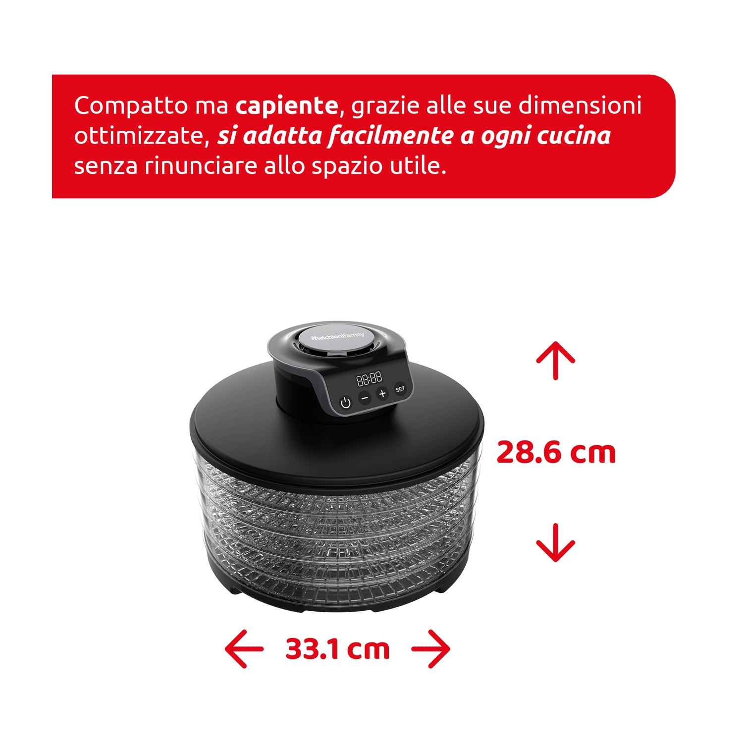 Un essiccatore alimentare nero, con display digitale e dimensioni indicate: 33,1 cm di larghezza e 28,6 cm di altezza. Testo in italiano.