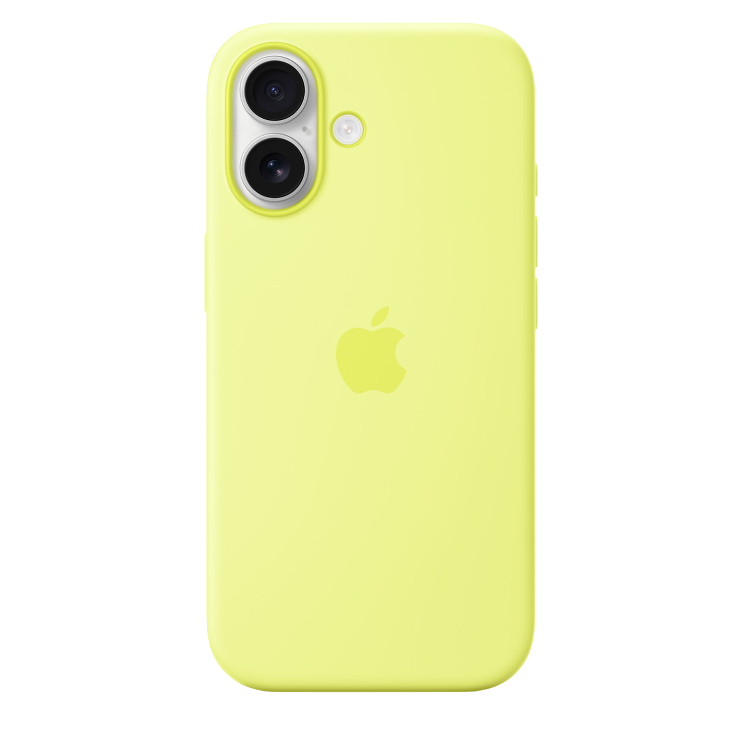Een gele telefoonhoes met een Apple-logo. Het heeft een dubbele camera en een flitser aan de achterkant. De achtergrond is wit.