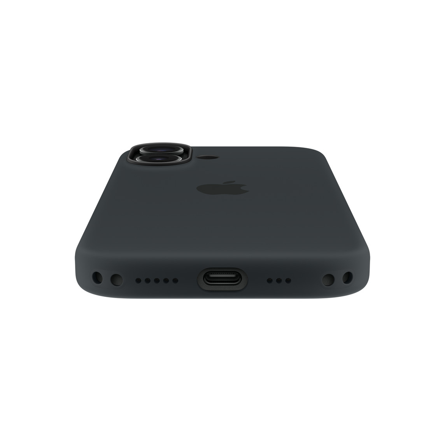 Een donkergrijze telefoonhoes, Apple-logo zichtbaar, cameralenzen en oplaadpoort aanwezig. De achtergrond is wit.