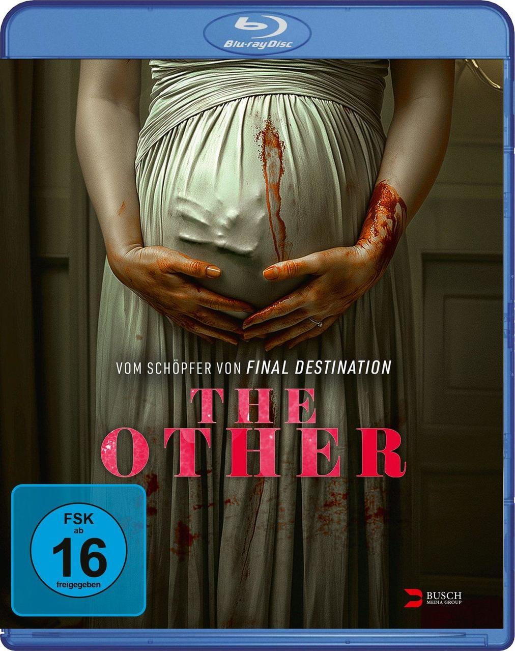 Blu-ray-Cover. Schwangere Frau in Kleid, Hände am Bauch. Blut befleckt Bauch und Arm. Titel: The Other.