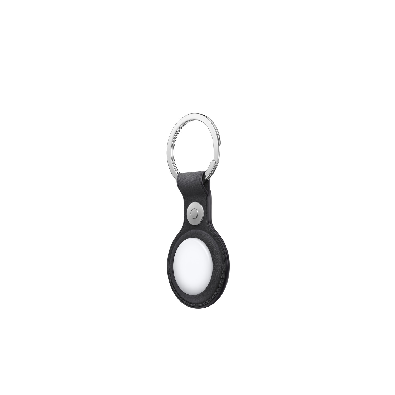 A black leather AirTag holder with a silver keyring and a white AirTag. The background is plain white.