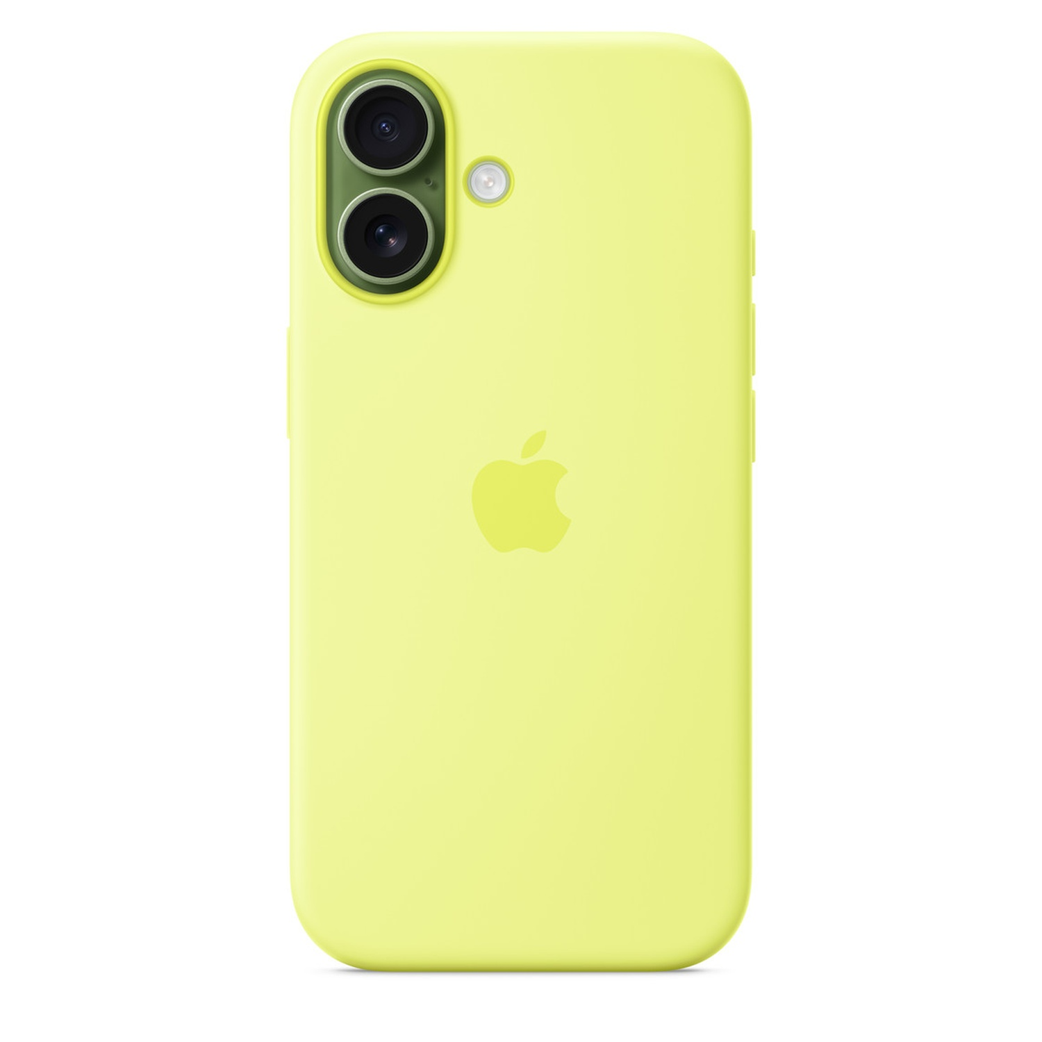 Een gele telefoonhoes met een Apple-logo. Het heeft een camera met dubbele lens en een flitser. De achtergrond is wit.