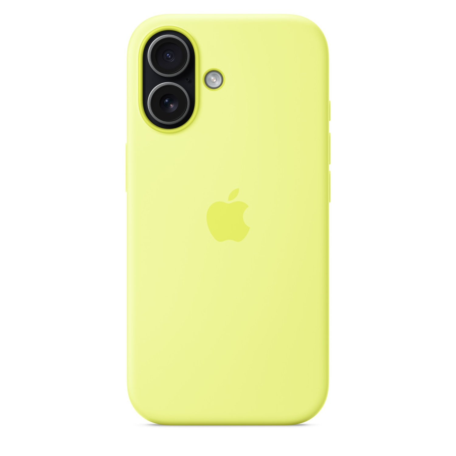 Een lichtgele iPhone-hoes. Het heeft twee cameralenzen aan de bovenkant, een Apple-logo in het midden en volumeknoppen aan de zijkant.