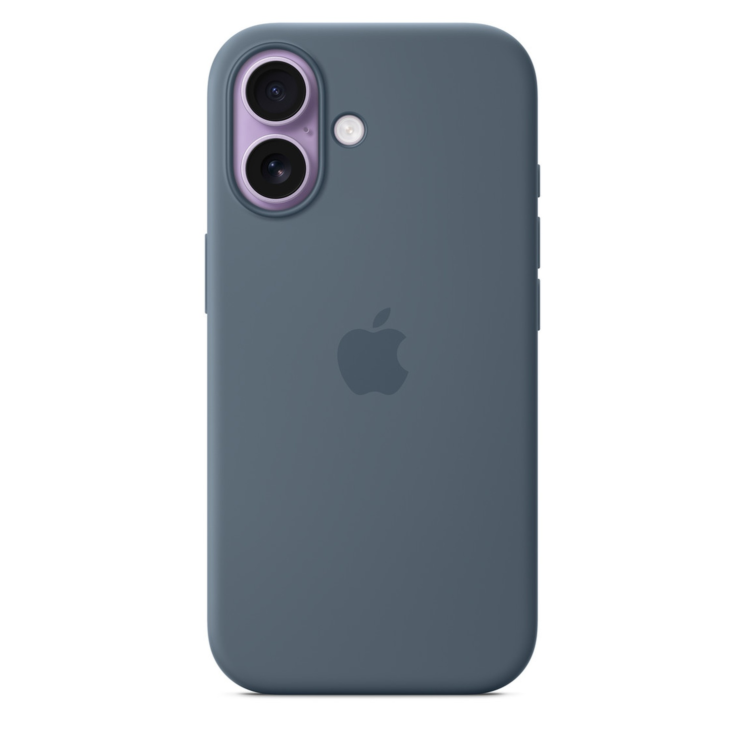A teal iPhone case with two purple camera lenses and an Apple logo. The background is white.