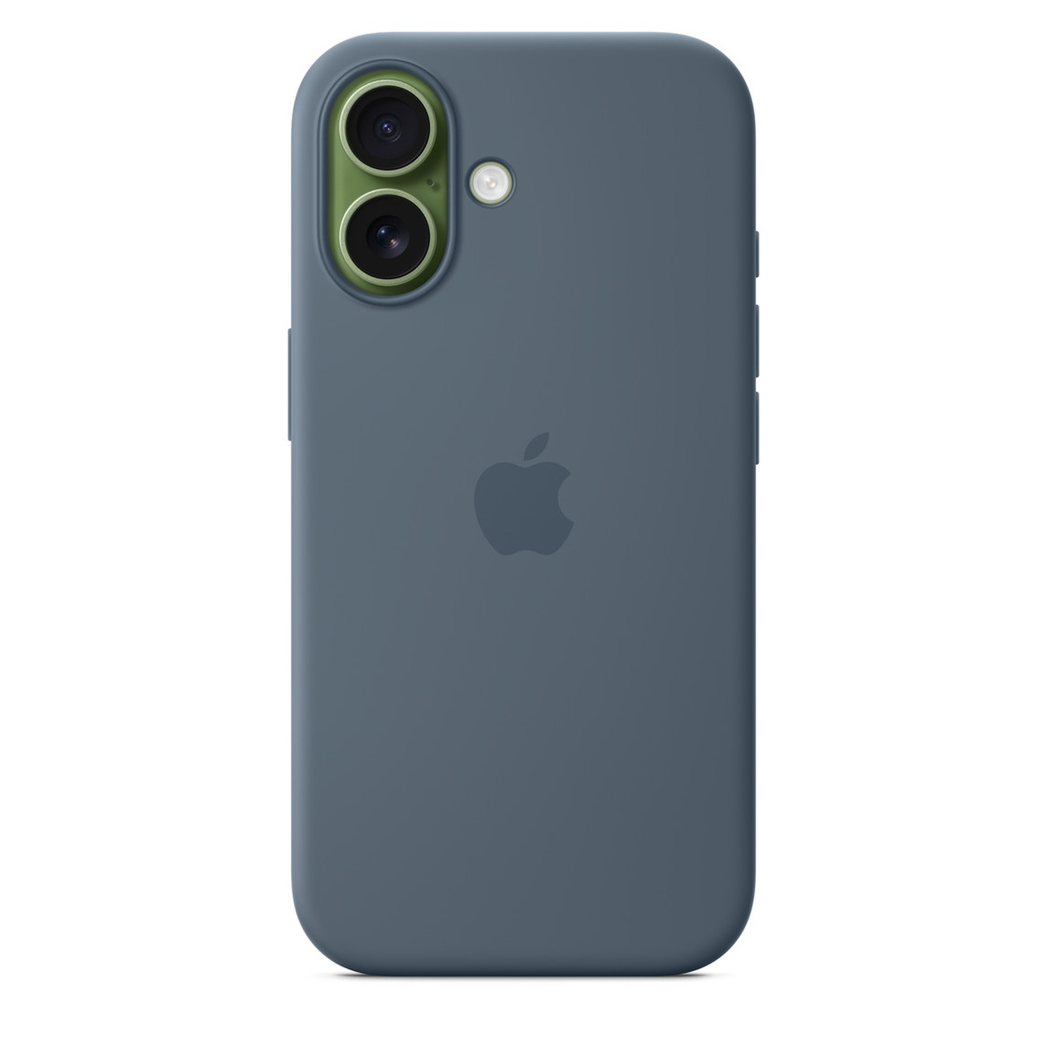 A blue phone case with an Apple logo. The case has camera cutouts with green circles. White background.