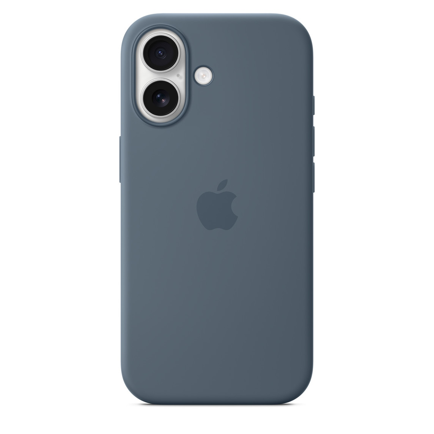 A blue iPhone case with dual cameras and an Apple logo. The case is solid blue with a smooth texture, set against a white background.