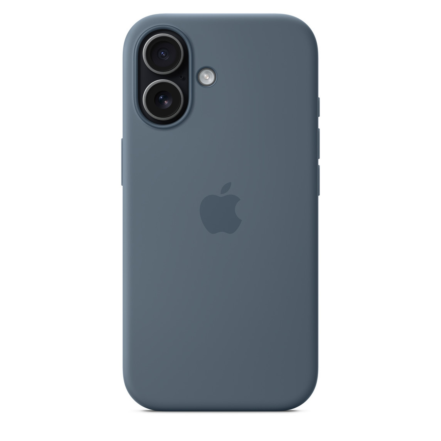 A dark blue phone case with two camera lenses and an Apple logo. The background is white.
