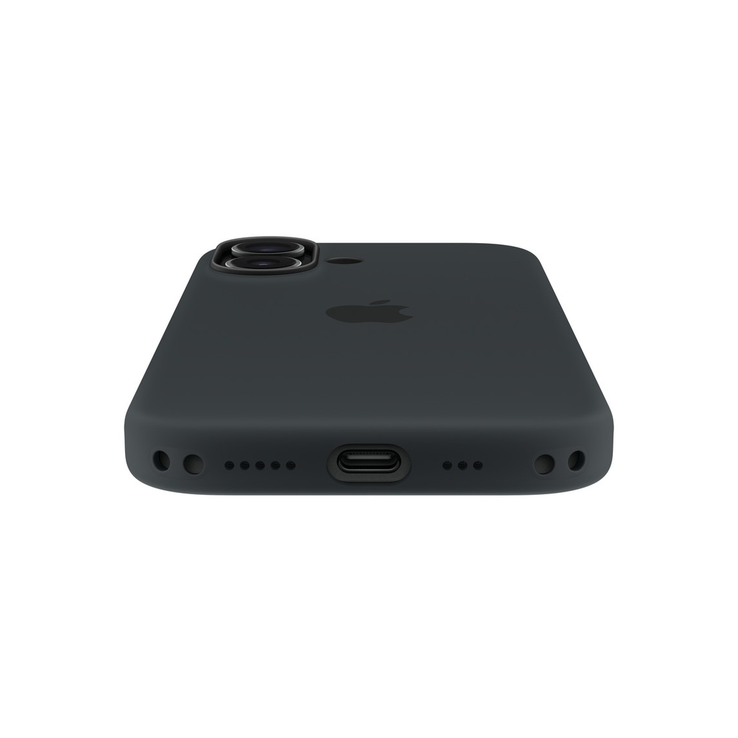 A dark gray phone case with a camera, Apple logo, and charging port. The phone is angled, showing the side and back.