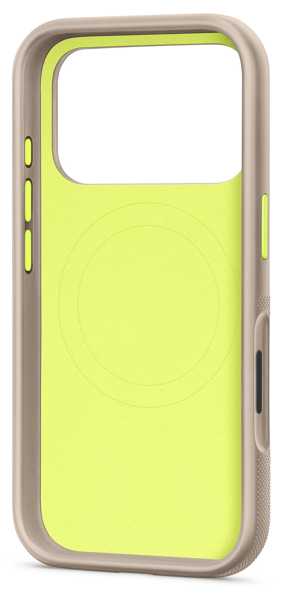 Etui na telefon z beżową ramką i neonowożółtym wnętrzem. Posiada wycięcia na aparat i przyciski.