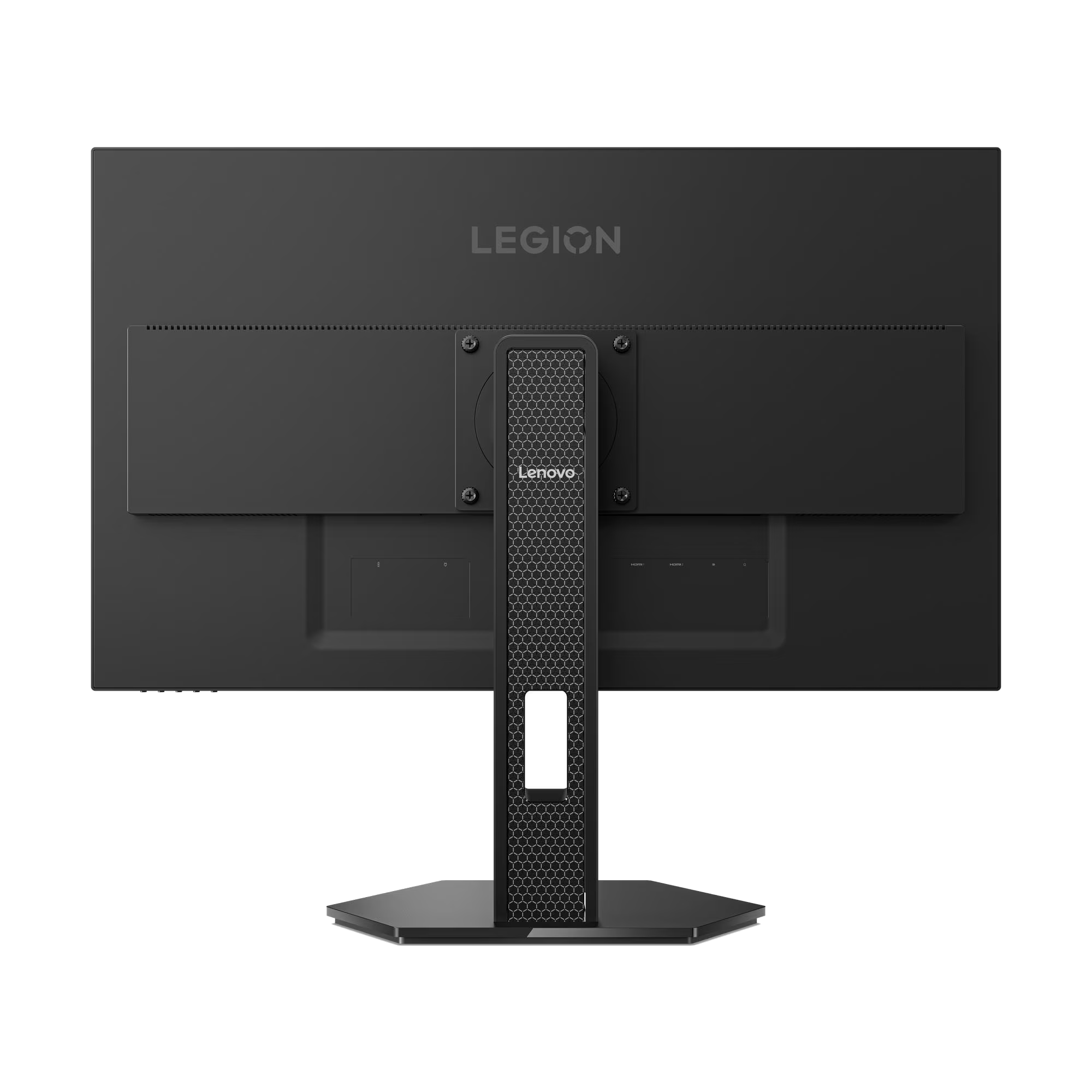 Vista trasera de un monitor Lenovo Legion negro. Se ve el soporte, junto con el logotipo de Legion y la marca Lenovo.
