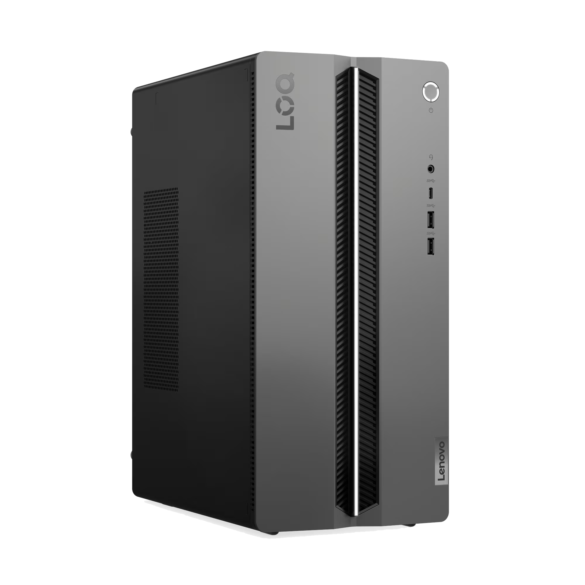 Una torre de computadora Lenovo en gris y negro. Tiene el logotipo de Lenovo y el logotipo LOQ en la parte frontal.