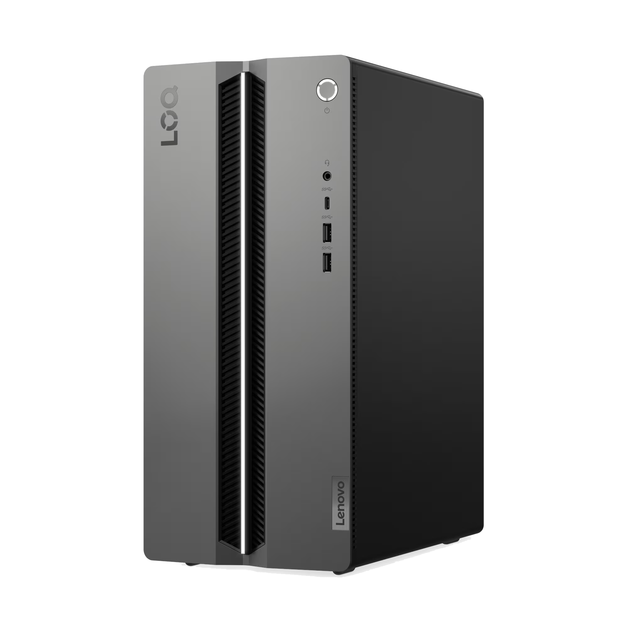 Una computadora de escritorio Lenovo en gris y negro. El frente tiene puertos y botones. El logotipo de Lenovo es visible.