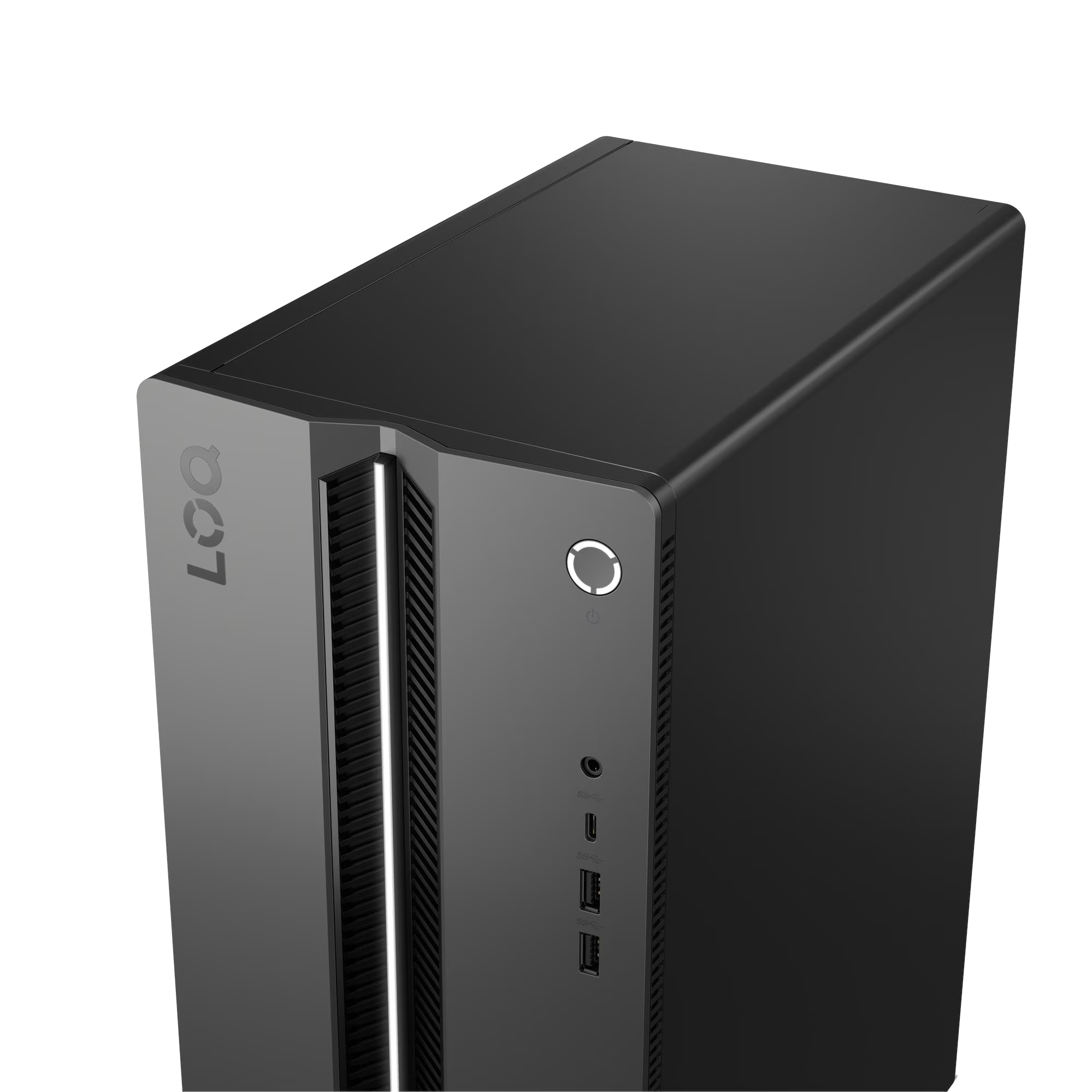 Una torre de computadora negra con el logotipo 'LOQ' en el frente. Cuenta con un botón de encendido, puertos y ventilaciones.