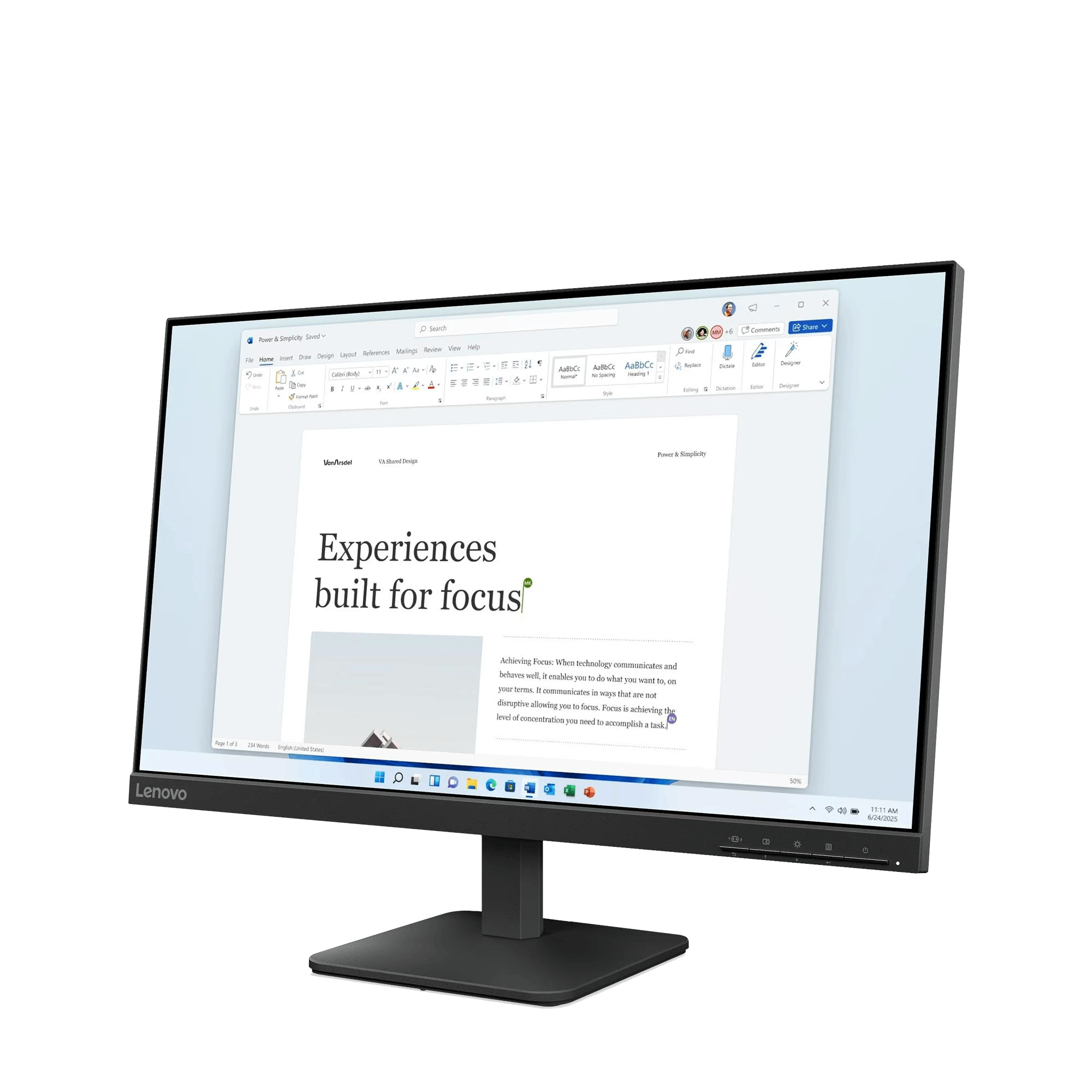 Un monitor Lenovo muestra un documento de Word con texto sobre enfoque. La pantalla es negra y el soporte es oscuro.
