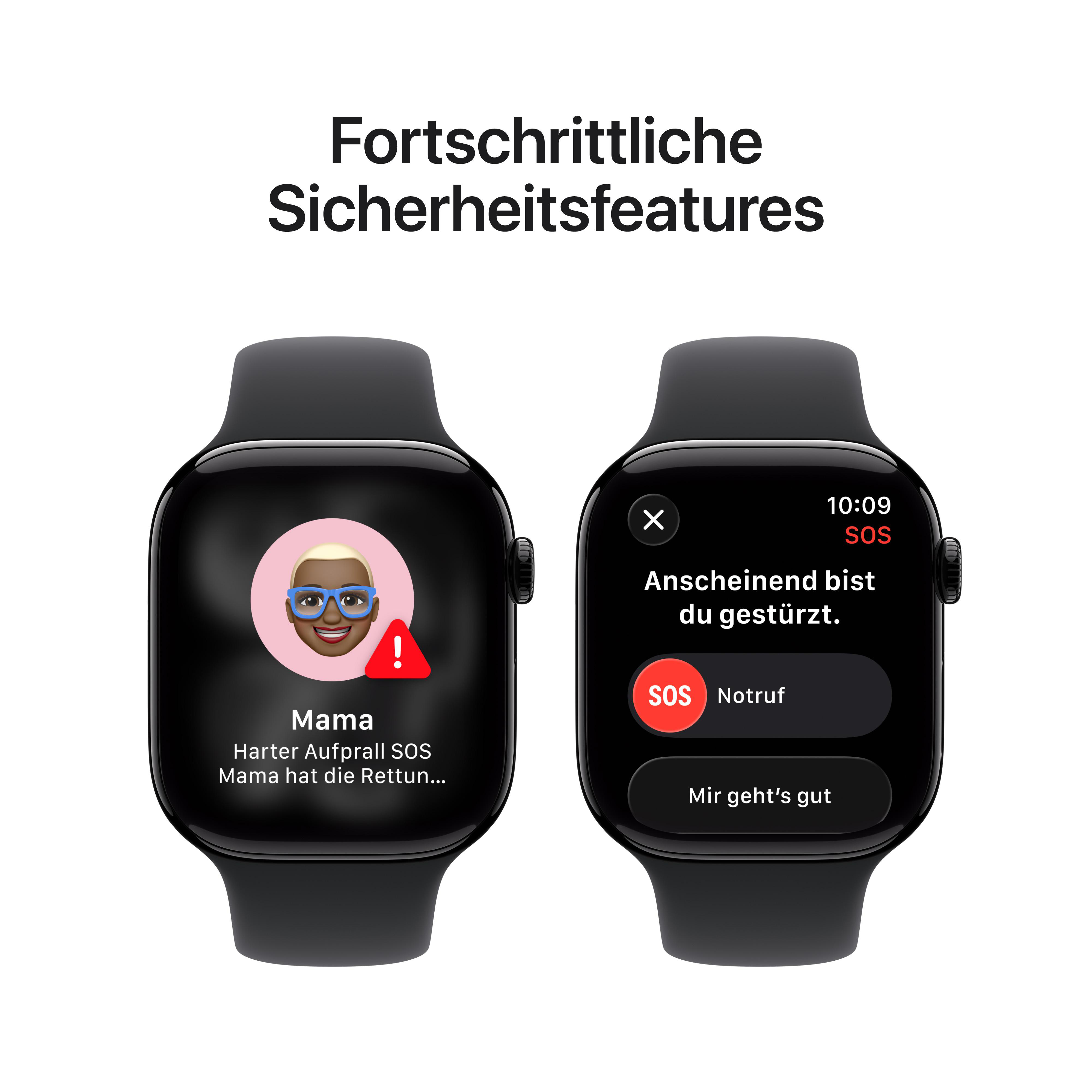 Zwei schwarze Smartwatches zeigen Notruf-SOS-Bildschirme. Einer sagt 'Mama', der andere 'SOS Notruf'. Weißer Hintergrund.