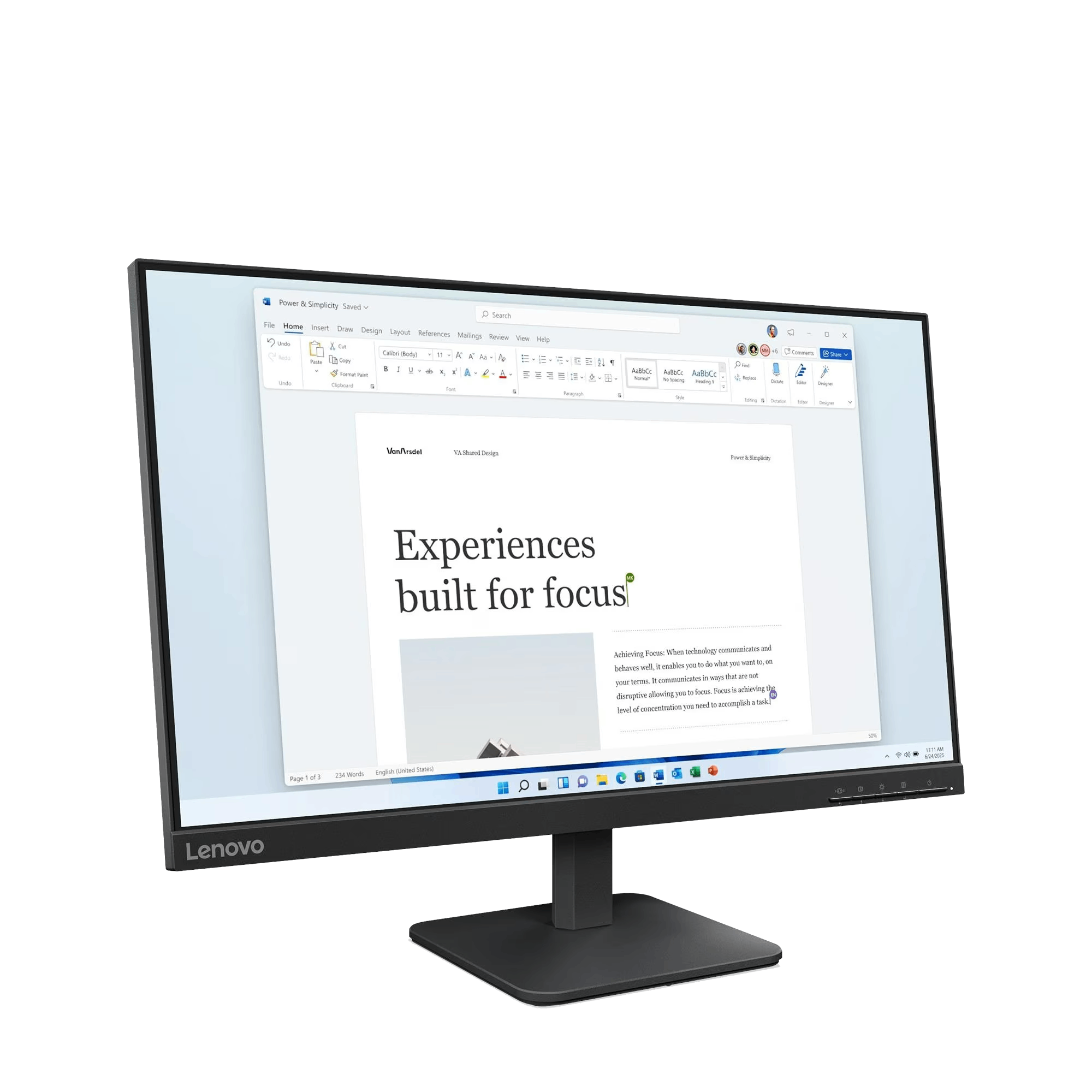 Un monitor Lenovo muestra un documento titulado 'Experiences built for focus' sobre un fondo negro.