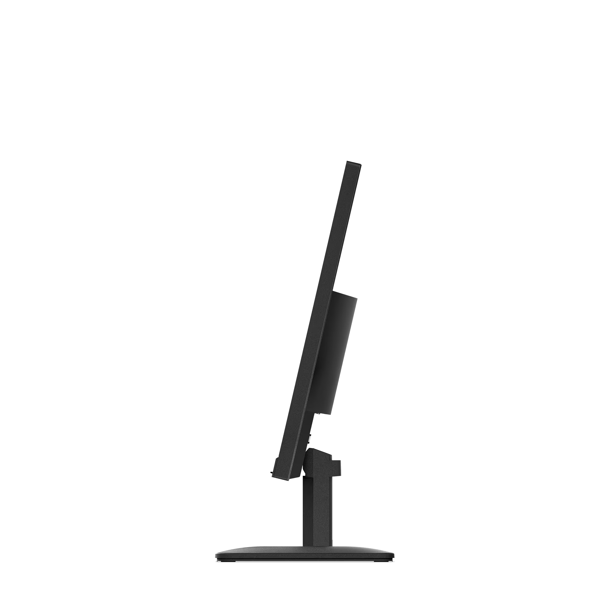Un monitor de computadora negro se ve desde un lado. Está sobre un soporte negro, con un fondo negro.