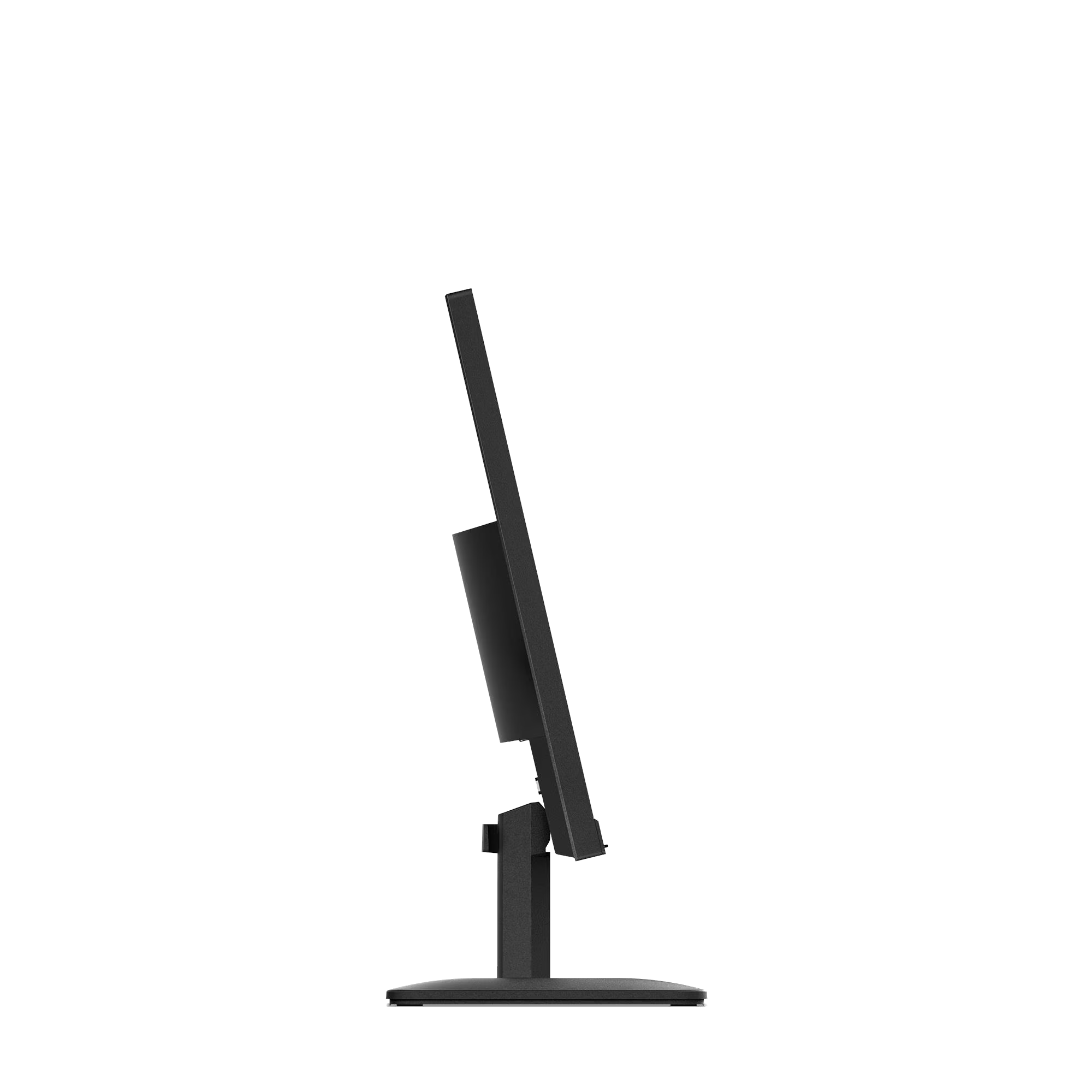 Un monitor de computadora negro se ve de lado. La pantalla está en ángulo, con un soporte en la parte inferior.