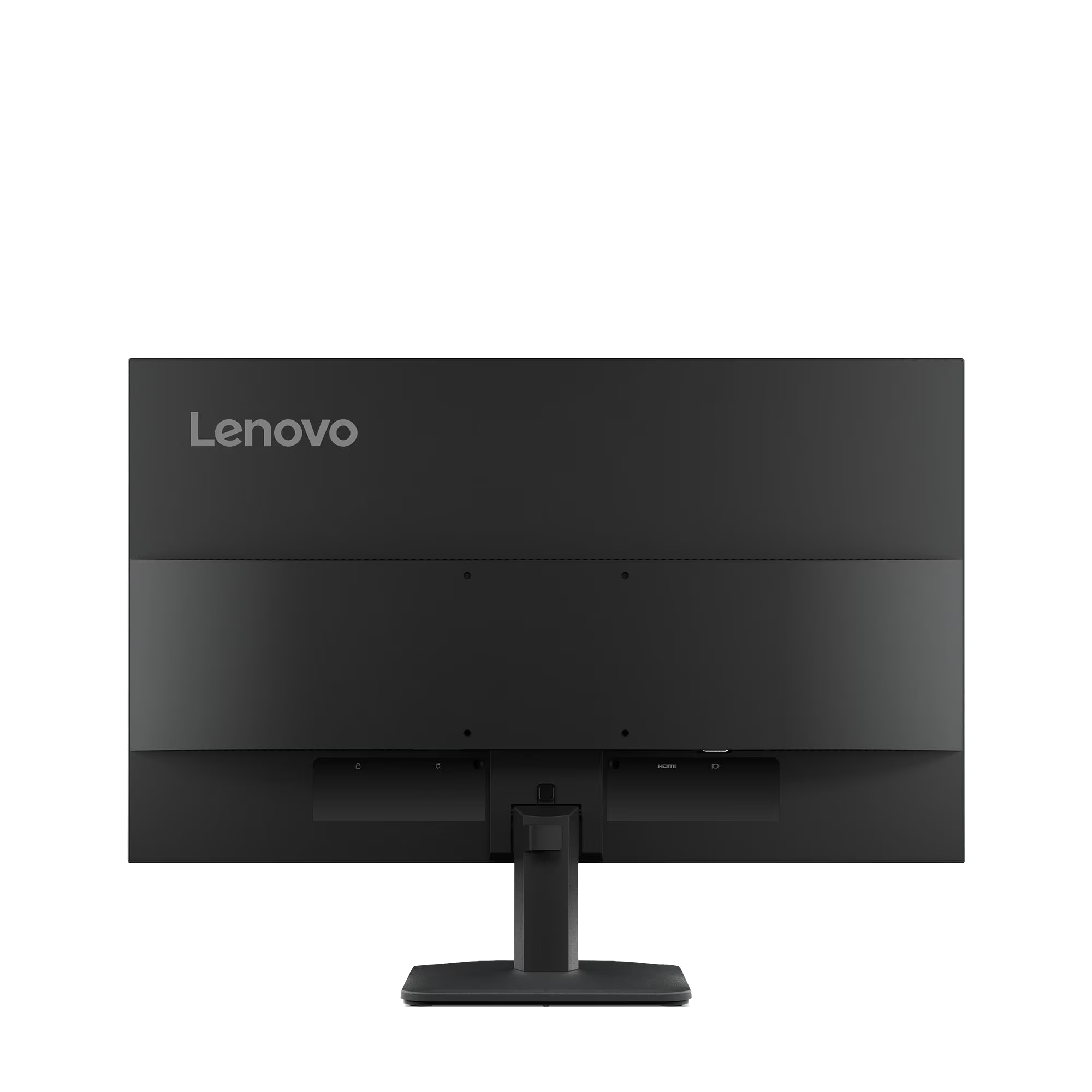 Parte trasera de un monitor Lenovo negro. Puertos y soporte visibles. Logotipo de Lenovo arriba. Fondo negro.