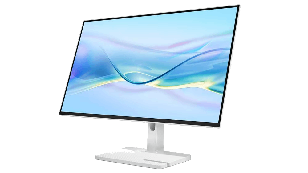 Un monitor de computadora blanco con un fondo abstracto azul y blanco, ligeramente inclinado. El soporte es blanco.