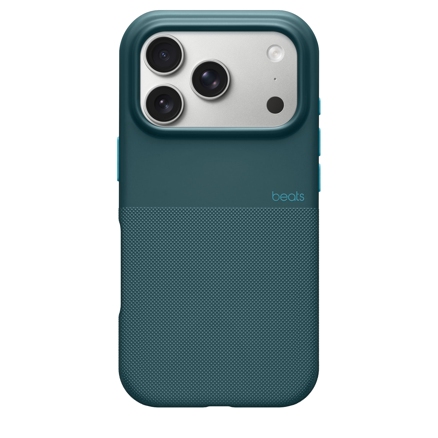 Een teal telefoonhoesje met een getextureerde onderste helft en een camera-array aan de bovenkant. Het merk 'beats' is zichtbaar.