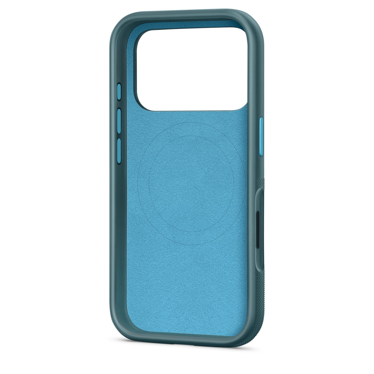 Een teal telefoonhoesje met een lichtblauw interieur. De hoes heeft openingen voor de camera en knoppen. De achterkant heeft een cirkelvormig patroon.